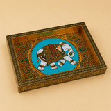 Wood elephant tray 8 x 8 inches with handcrafted Meenakari design for decorative serving and display