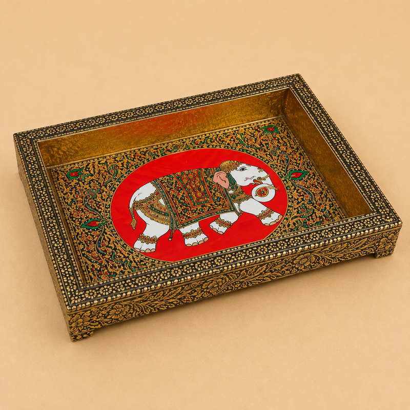 Wood elephant tray 5 x 7 inches with handcrafted Meenakari design for decorative serving and return gifts