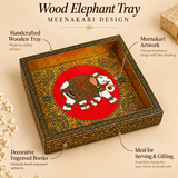 Wooden elephant tray with traditional meenakari design, handcrafted wooden construction, decorative engraved border and colorful elephant artwork, ideal for serving, festive display, home décor and gifting.