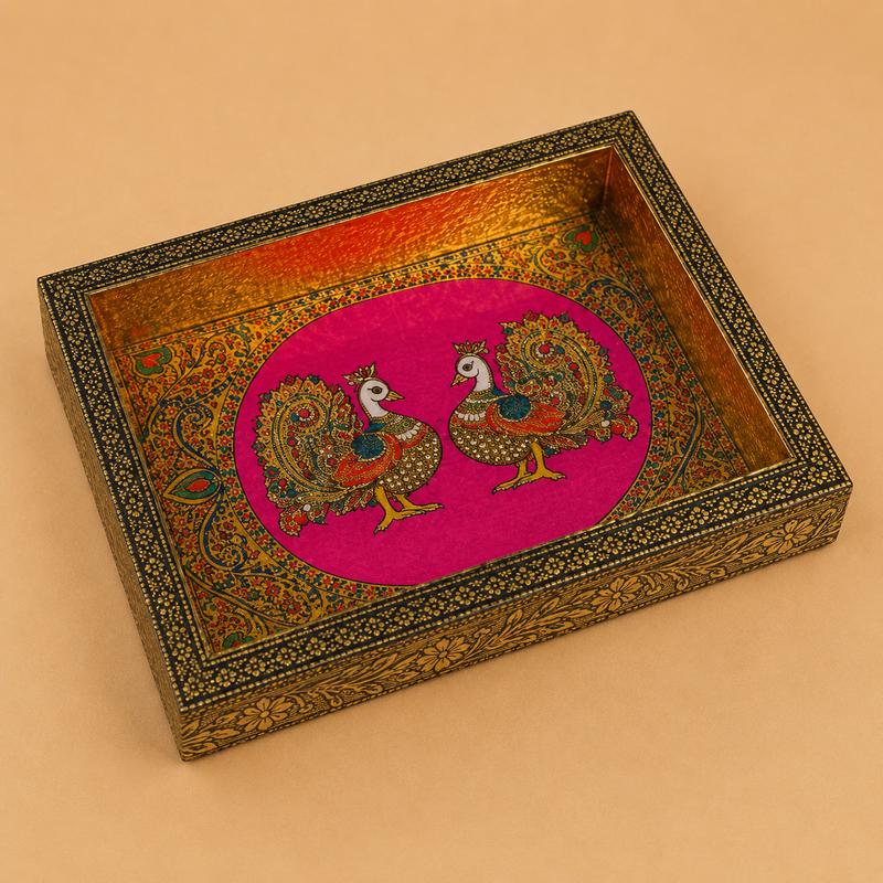 Wood peacock tray 7 x 9 inches with handcrafted Meenakari design for decorative serving