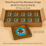 10 pieces value pack image of Wood Peacock Tray Meenakari Design shown in simple bulk packaging for gifting, event orders and festive use.