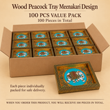100 pieces value pack image of Wood Peacock Tray Meenakari Design displayed in bulk packaging, ideal for large gifting orders, return gifts and festive distribution.