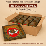 100 pieces value pack image of Wood Peacock Tray Meenakari Design showing a bulk carton filled with individually packed trays along with one tray displayed outside, designed for wholesale orders, festive gifting, and bulk supply.