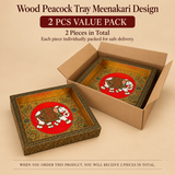 2 pieces value pack image of Wood Peacock Tray Meenakari Design showing two handcrafted meenakari trays presented in simple packaging, ideal for gifting, personal use, and compact festive orders.