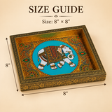 Wood Peacock Tray Meenakari Design size guide image showing approximate 8 inch by 8 inch dimensions with decorative meenakari artwork and handcrafted wooden tray finish.