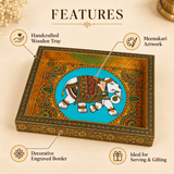 Handcrafted Wood Peacock Tray Meenakari Design feature image highlighting decorative meenakari artwork, handcrafted wooden tray construction, engraved border and gifting-friendly design.