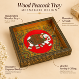 Features image of Wood Peacock Tray Meenakari Design highlighting the handcrafted wooden tray, fine meenakari artwork, decorative engraved border, artisan detailing, and elegant presentation suitable for gifting and festive use.