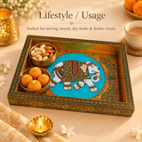 Wood Peacock Tray Meenakari Design shown in a festive lifestyle setting for serving sweets, dry fruits and festive treats, ideal for home décor and elegant serving.