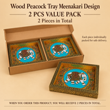 2 pieces value pack image of Wood Peacock Tray Meenakari Design presented in protective packaging, suitable for gifting, personal use and festive occasions.