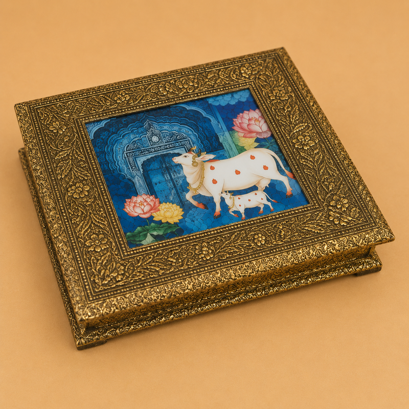 Wooden dry fruit box with traditional cow design and decorative detailing