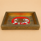 Handcrafted wooden serving tray with colorful Meenakari elephant artwork, decorative carved border, and traditional Indian design for home décor, gifting, and serving by Ashtok.