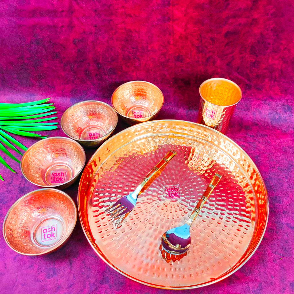 Copper Thali Set, South Indian Thali Set, Include- 1Plate, 1Glass, 4 Bowls. and 2 Cutlery(Spoon and Fork)