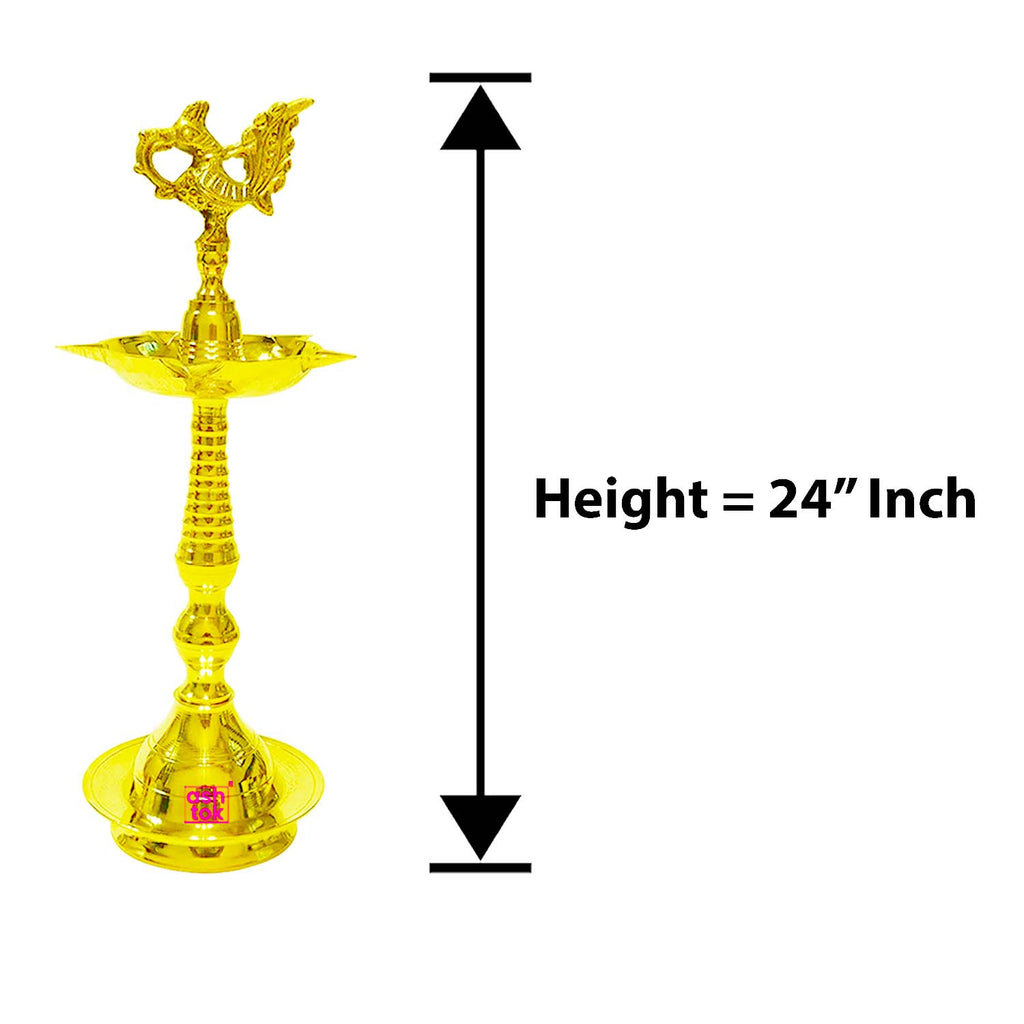 24" inch Heritage-style brass peacock deepam set featuring antique finish and traditional design for elegant home and temple decor.