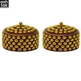 Brass Kumkum Box, Brass box handcrafted round shape,Sindoor Dani Sindoor Dabbi, Dotted Design, Color Red, 2x2 Inch, Gift Item (Pack of 2 Pcs)