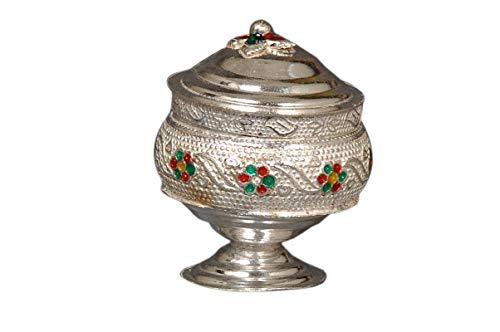 Brass Silver Coated Handcrafted Kum Kum Boxes on Stand - Ashtok
