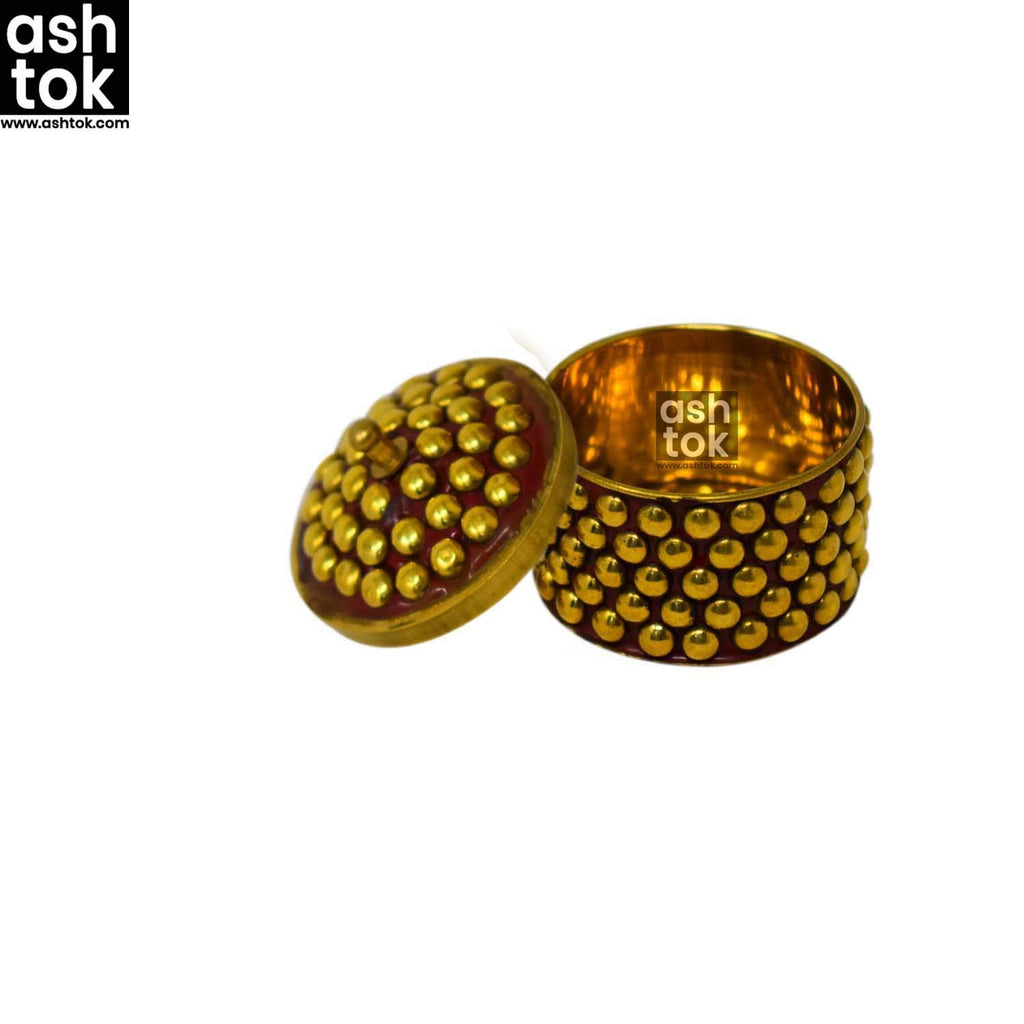 Brass Kumkum Box, Brass box handcrafted round shape,Sindoor Dani Sindoor Dabbi, Dotted Design, Color Red, 2x2 Inch, Gift Item (Pack of 2 Pcs)