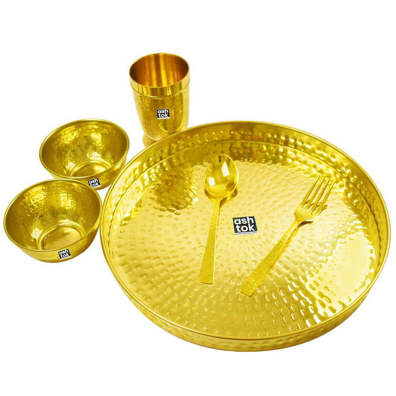 Pure Brass Thali Set Brass Dinnerware Set Dinner Set Engraved Flowers  Design 7 Pieces Set Dinner Set Best for Your Home and Gift 
