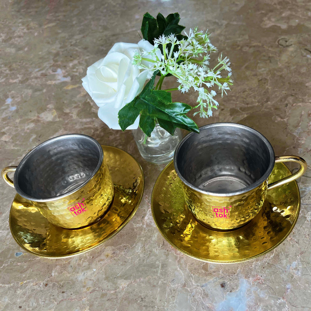 Brass Tea Cup Saucer Set with khalai, Brass Tea Cup Set with Khalai Inside The Cup (Pack of 2 Pcs)