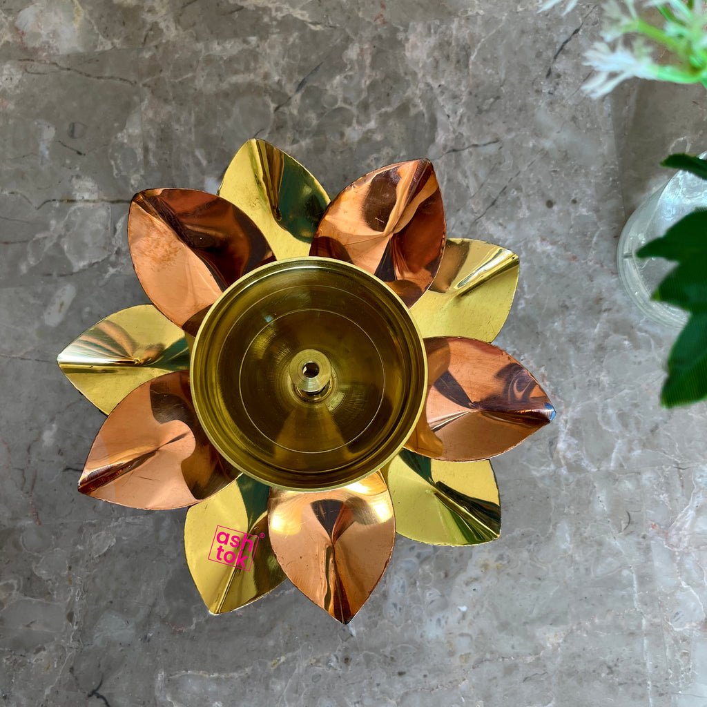 Lotus Diya Brass and Copper, Akhand Diya, Oil Lamp (Dia 4 Inches)
