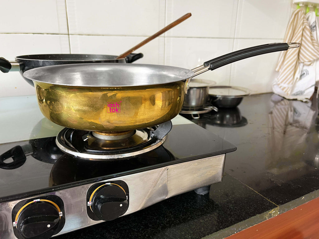 Brass Fry Pan, Brass Saucepan with khalai Silver Coating Inside.