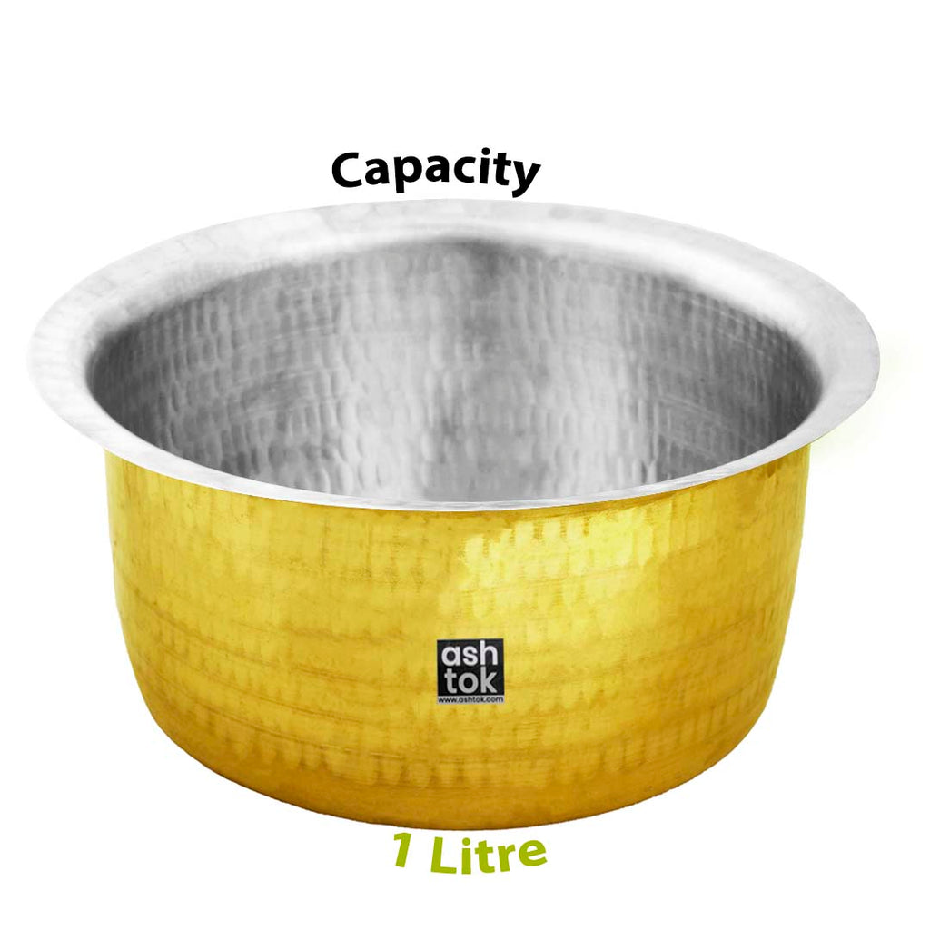 1 liter Authentic brass patila set with khalai tin lining and hammered finish, perfect for everyday and ceremonial cooking.