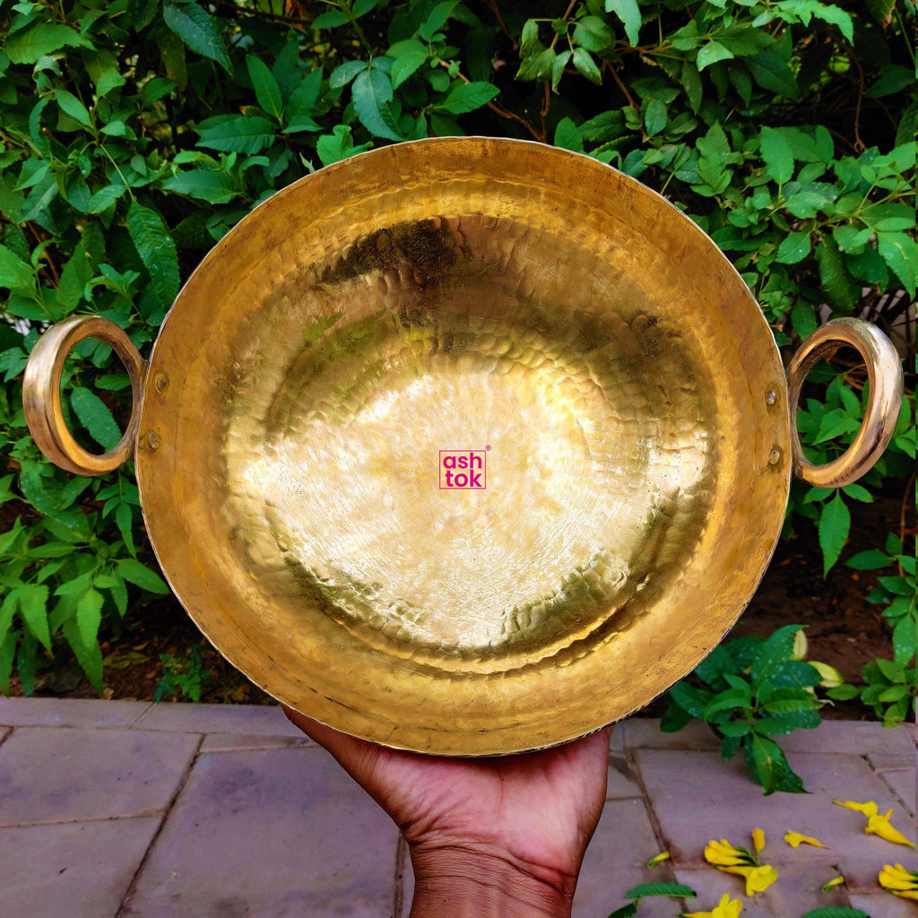 Brass Kadai with Lid Kitchenware Wok Utensils Handle On Both Side