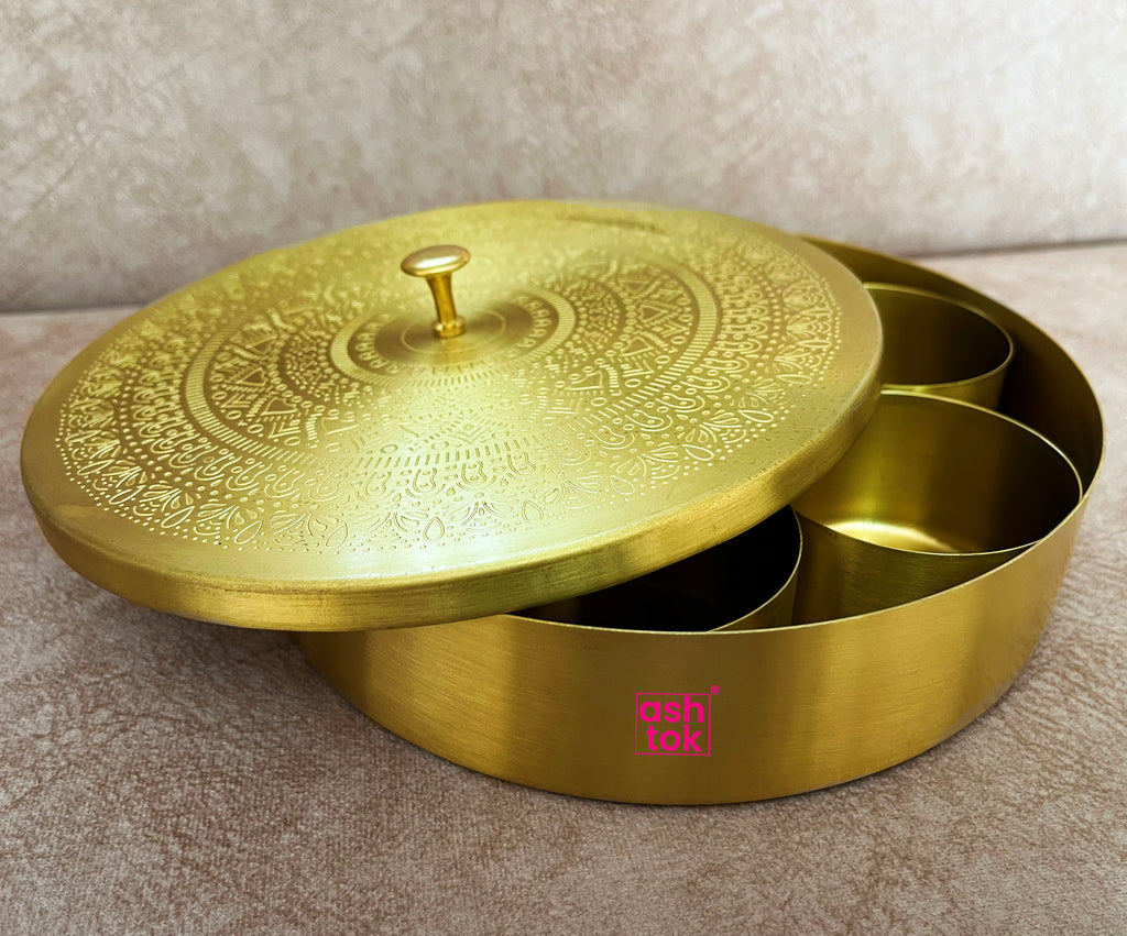 Brass Masala Box handcrafted, Spice Container with 7 Compartments, Gift Item. 7 Inch