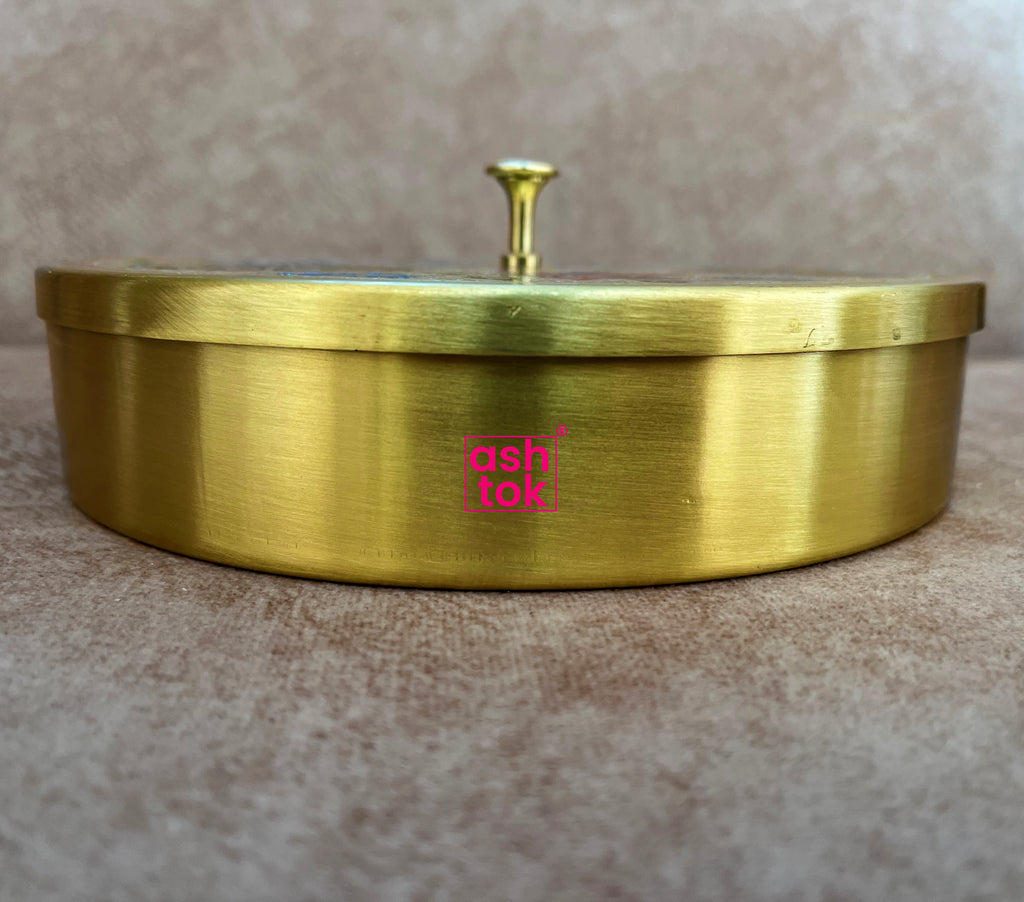 Brass Masala Box, Spice Container with 7 Compartments with Meenakari design on the Lid (Dia :- 7 Inch)