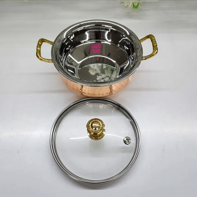 Copper Handi With Glass Lid, Set Of Copper Serving Bowls, Capacity - 500ml and 250 ml