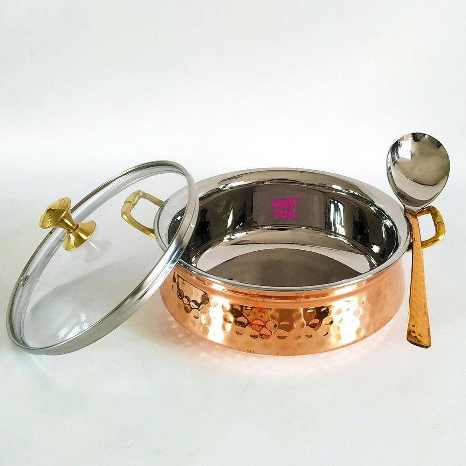 Copper Steel Serving Handi with Glass Lid