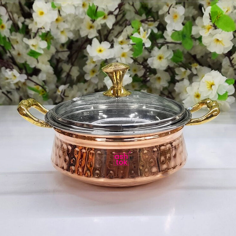 Copper Steel Serving Handi with Glass Lid