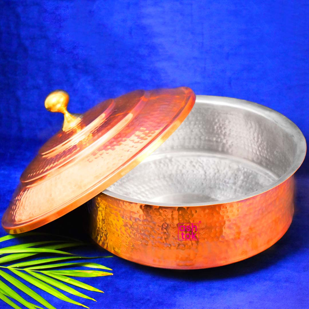 Indian Hammered Copper Hyderabadi Handi with Lid - Family Size