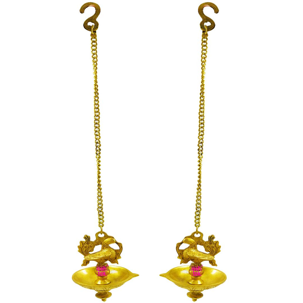 Decorative brass oil lamp with hanging chain, ideal for daily worship, spiritual ceremonies, and festive home decoration.