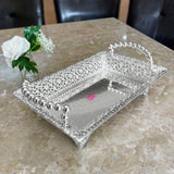 Designer German silver serving tray with decorative finish, perfect for wedding decor, return gifts, and festive celebrations.