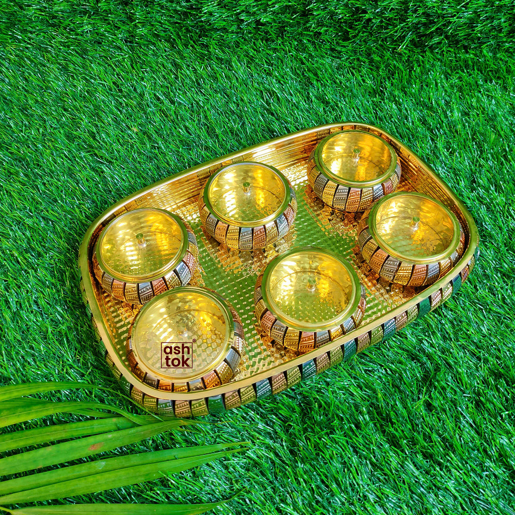 Return Gift Items, Brass Gift With Six Bowls And Tray Set