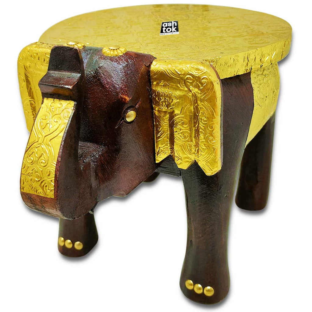 Pure Brass Sheet Handcrafted Wooden Chowki Elephant Design  Premium Bajot/Chowki/Peeta/Patla
