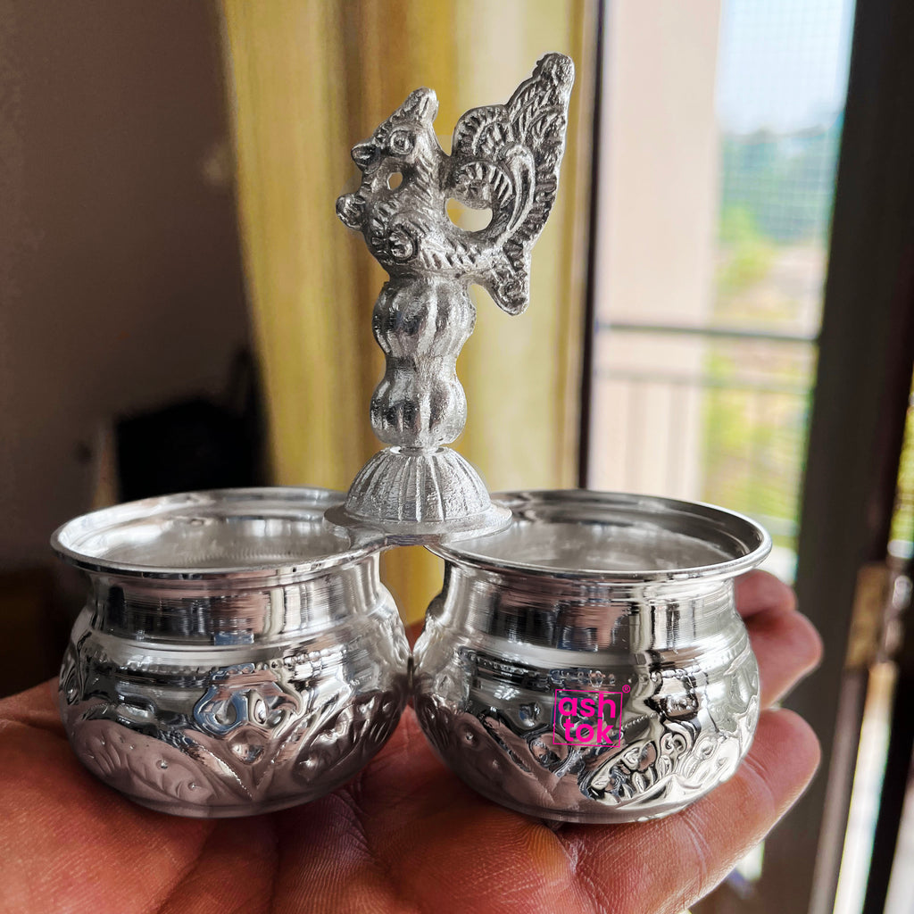 German Silver Chopala Haldi Kumkum Holder 2 Bowls Attached (2 Pieces Set)