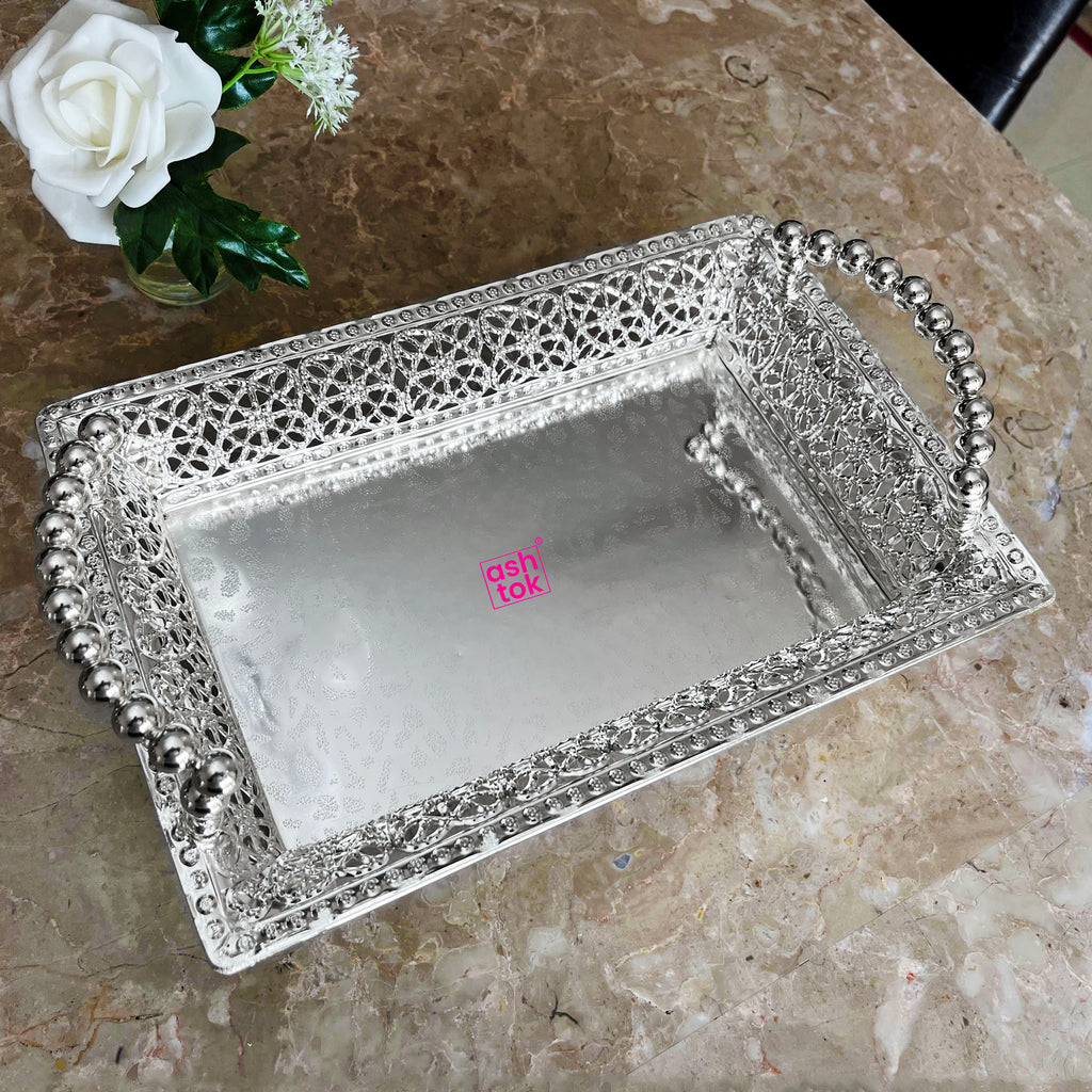 Handcrafted German silver rectangular tray suitable for weddings, housewarming gifts, festive decor, and serving purposes.