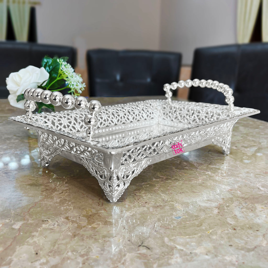 Luxury German silver platter tray with rectangular design, ideal for presenting gifts, sweets, fruits, and wedding essentials.