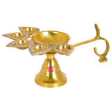 Pooja Aarti Diya with Handle, Brass Decorative Puja Accessory, Five Face Camphor Burner lamp Panch Aarti for Navratra, Diwali Gifts Home Decor, Golden color
