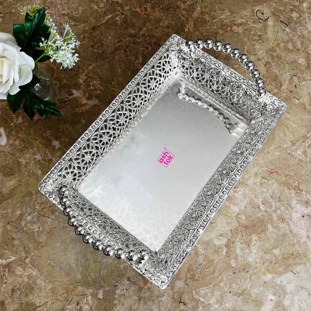Premium German silver fancy platter with rectangular shape, suitable for engagement ceremonies, weddings, and luxury gifting.