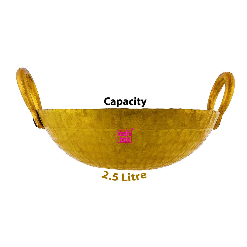 2.5 litre Premium handmade brass kadai crafted for deep frying and traditional Indian cooking, featuring a sturdy and elegant design.