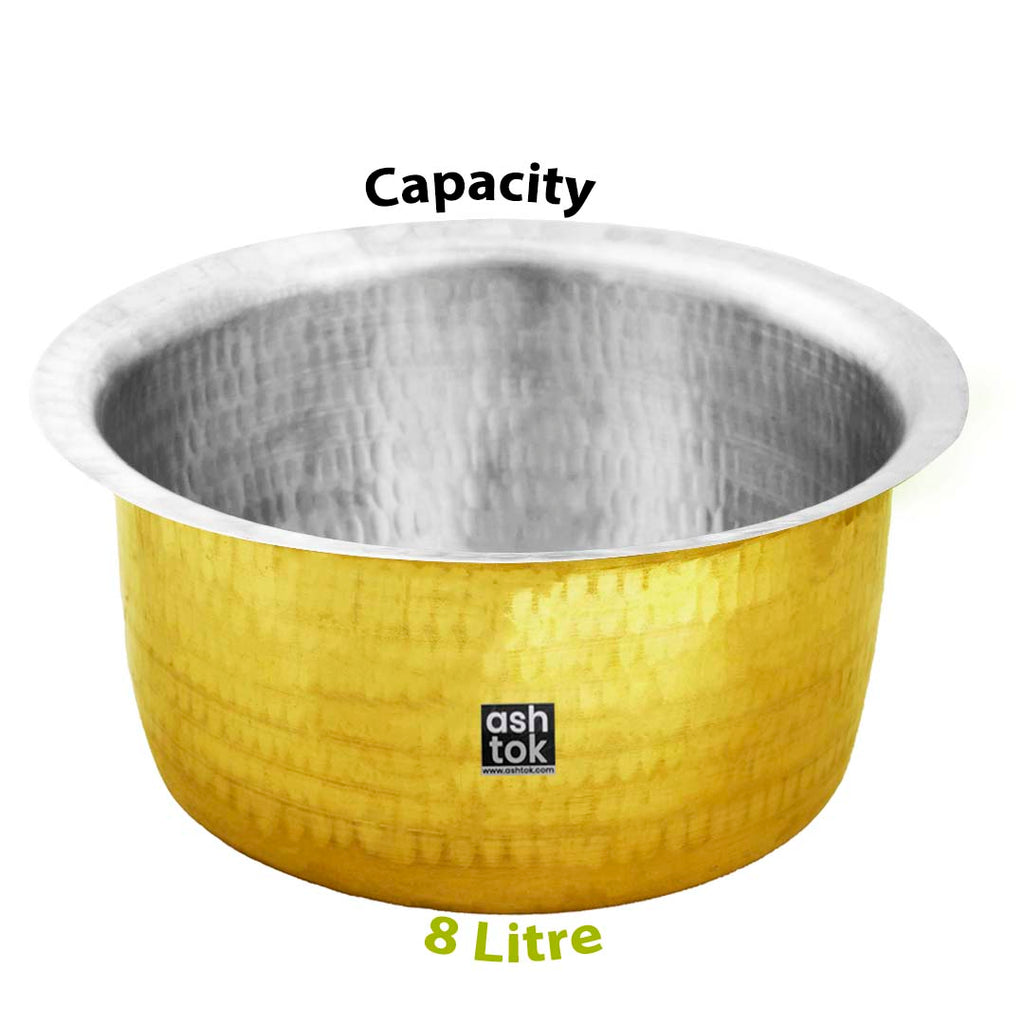 8 litre Traditional brass cooking pot featuring hand-hammered craftsmanship and food-grade tin lining for authentic Indian cooking.