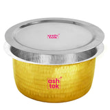 Traditional hammered brass tope featuring tin lining for safe cooking, ideal for Indian kitchens and festive cooking.