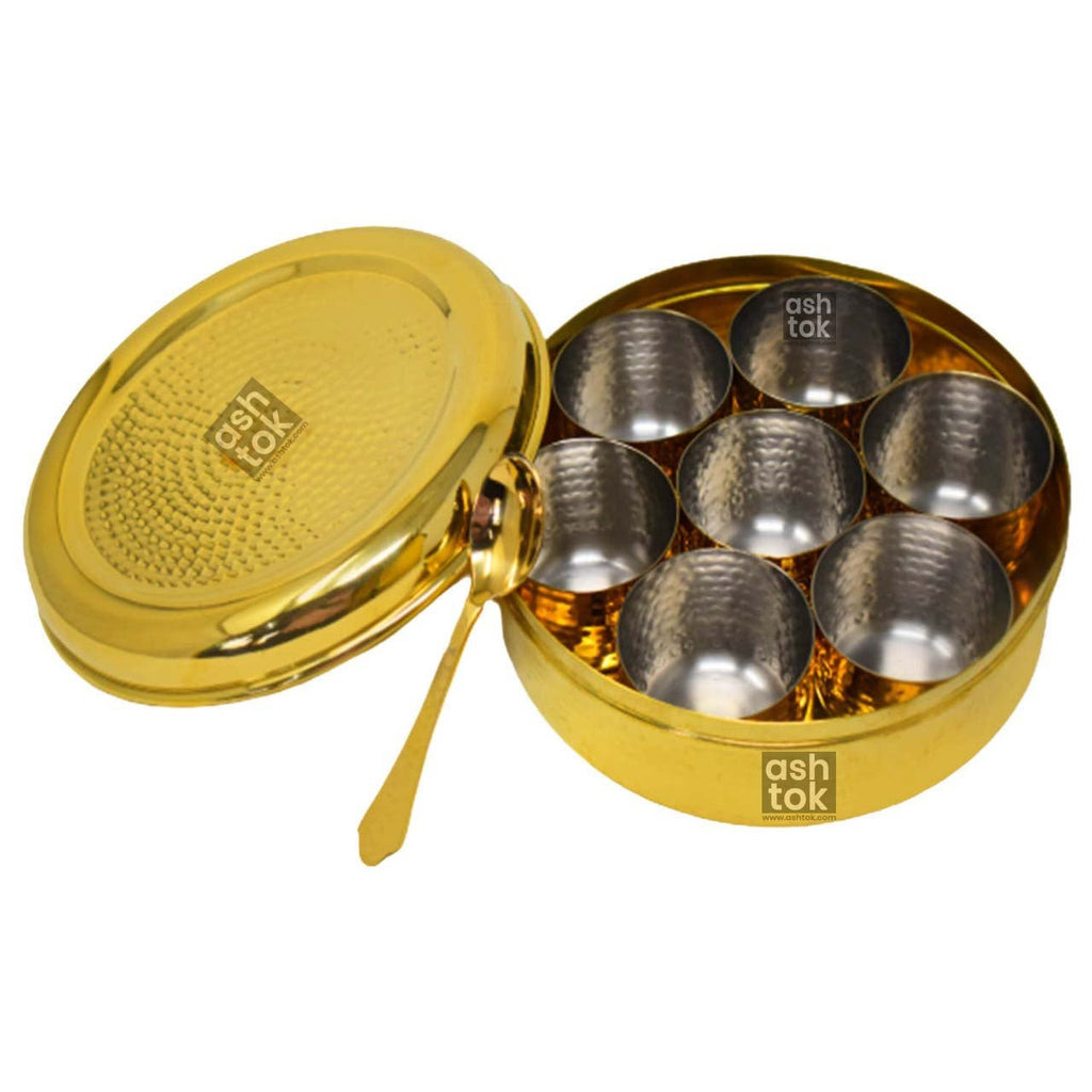 Masala box Kitchen, Brass Spice Container box, Masala Dabba with Silver coating Inside spice box