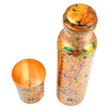 Pure Copper Water Bottle with Glass, Printed Flower Design and Leakproof Threaded Cap, Multicolour.