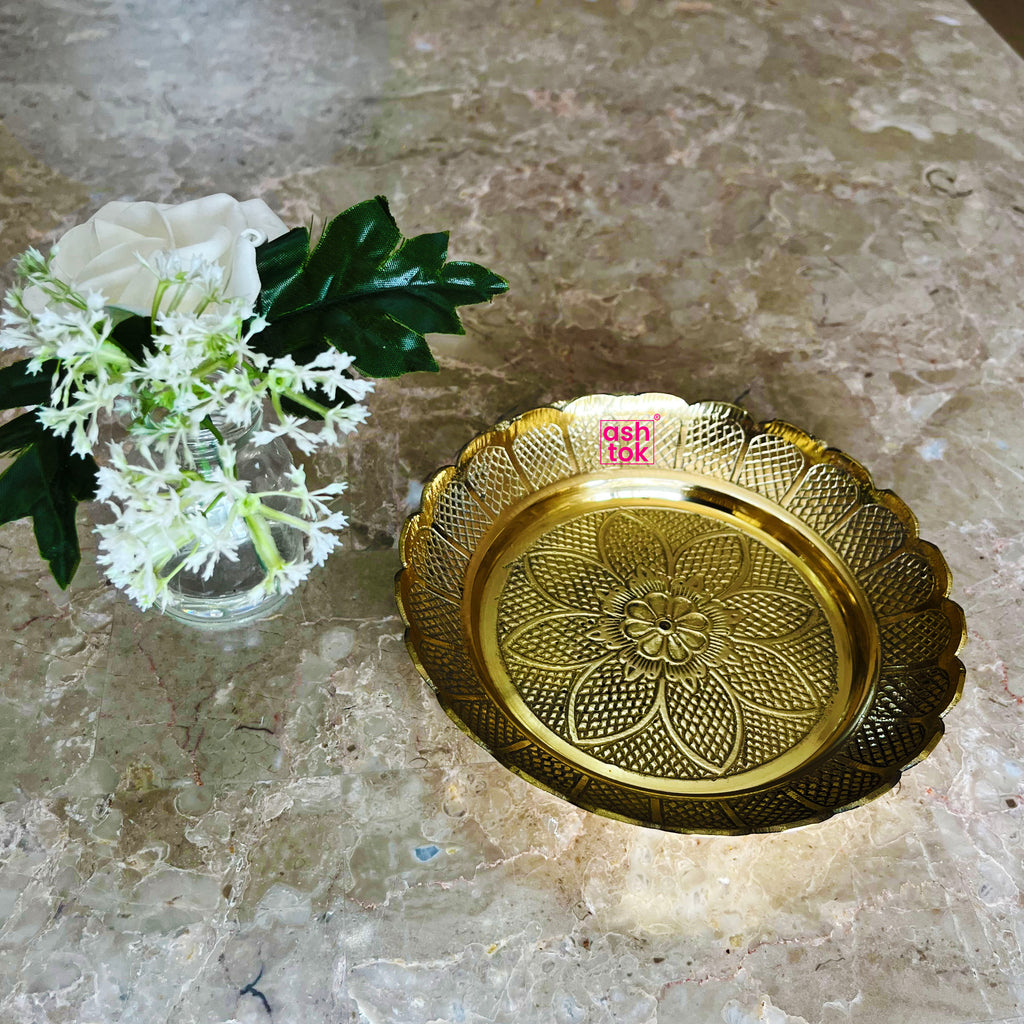 Handcrafted brass sweet plate with bowl, ideal return gift for marriage, engagement, and housewarming functions.