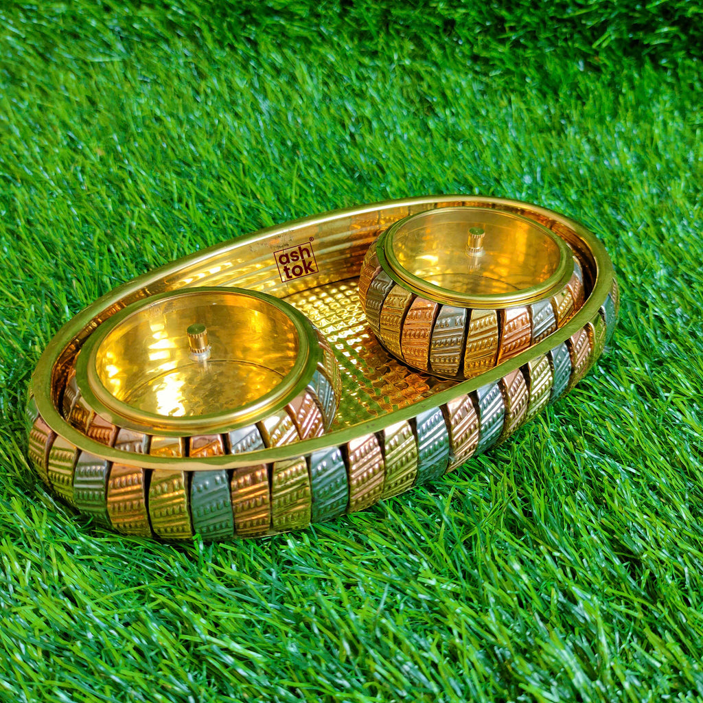 Ashtok brass copper gift tray with two bowls, handcrafted return gift for weddings, return gift