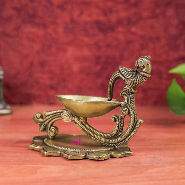 Brass Diya with Peacock Handle, Antique Traditional Aarti Diya
