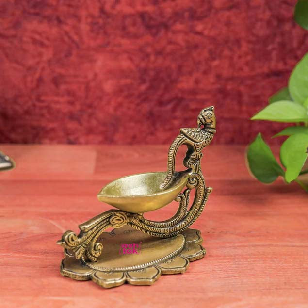 Brass Diya with Peacock Handle, Antique Traditional Aarti Diya